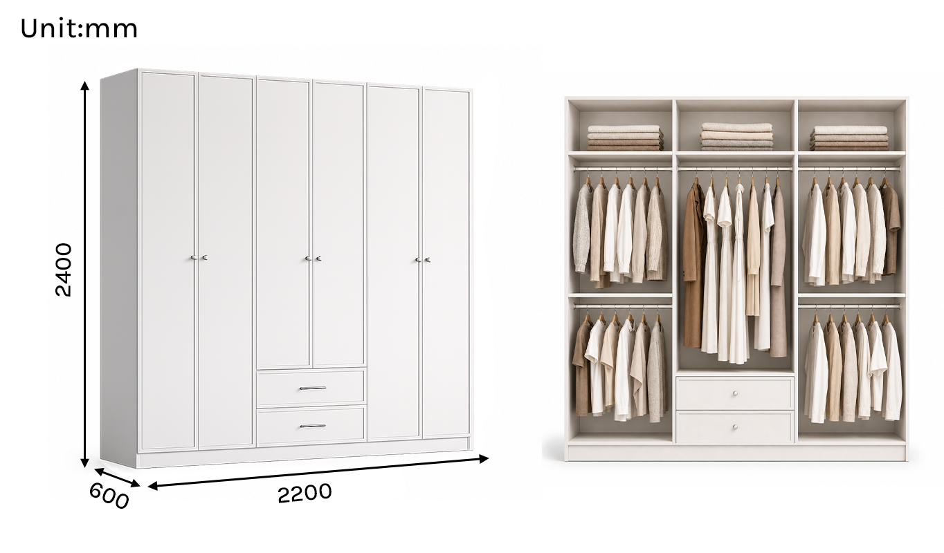Linea Series - 2200mm Grand Framed Wardrobe - Extra-Tall Six-Door Closet with Drawers