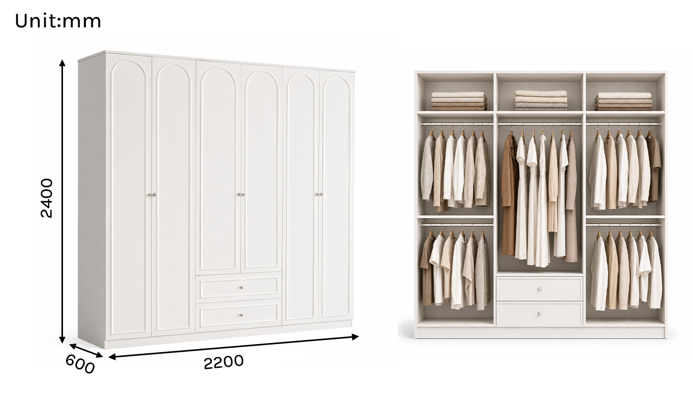Arcadia Series - 2200mm Grand Arched Wardrobe - Extra-Tall Six-Door Closet with Drawers