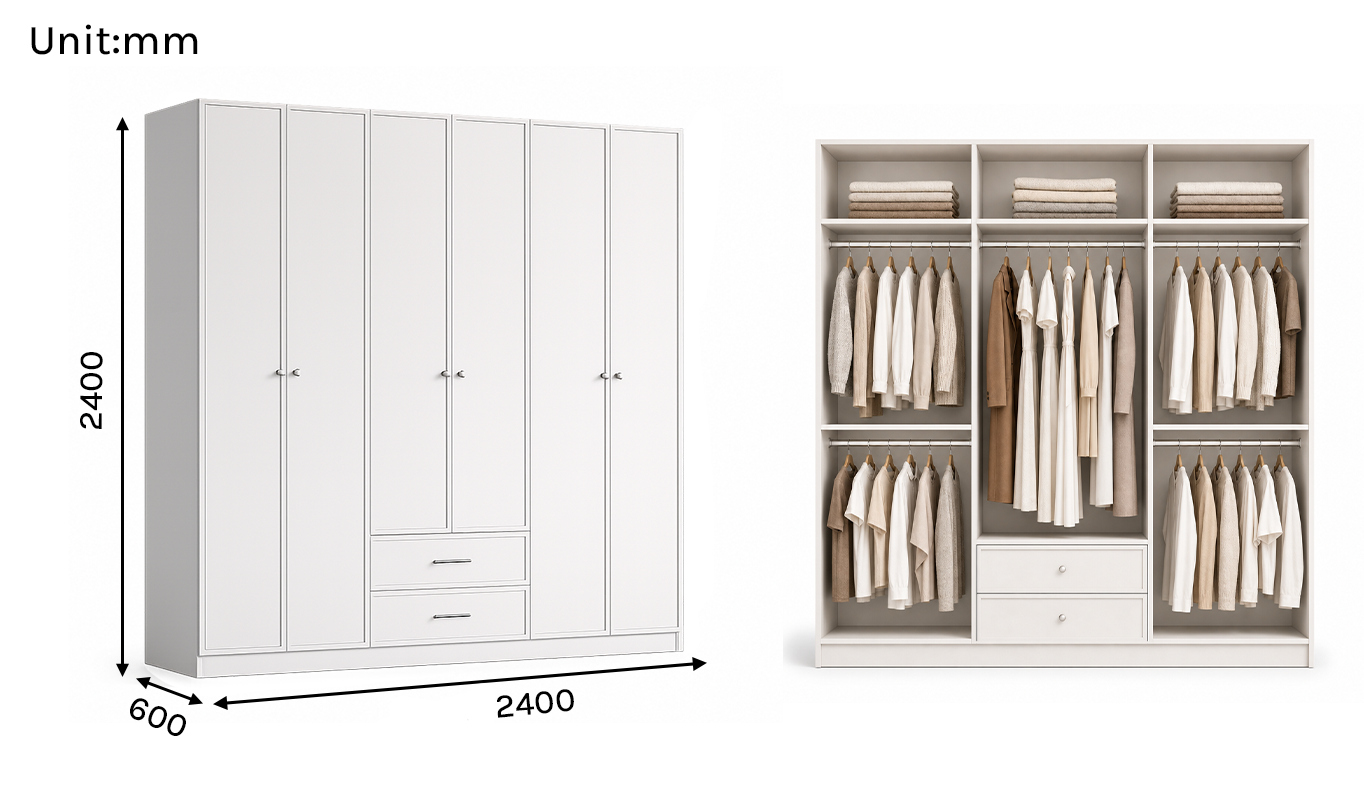 Linea Series - 2400mm Full-Wall Framed Wardrobe - Extra-Tall Six-Door Storage System with Drawers