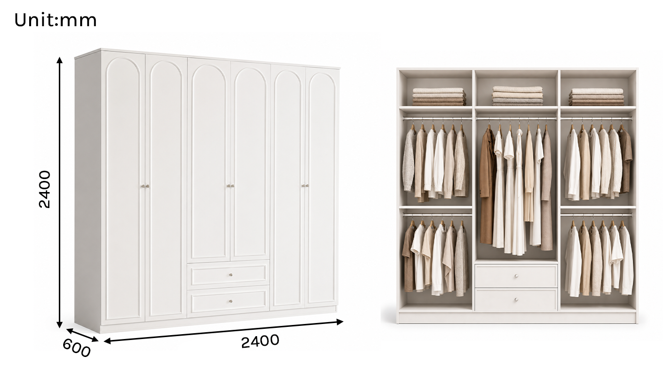 Arcadia Series - 2400mm Full-Wall Arched Wardrobe - Extra-Tall Six-Door Storage System with Drawers