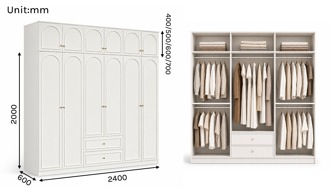 Alto Series - 2400mm Full-Wall Arched Wardrobe - Six-Door Storage System with Overhead Cabinets and Drawers