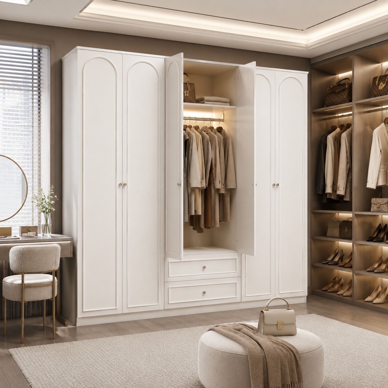 Arcadia Series - 2200mm Grand Arched Wardrobe - Extra-Tall Six-Door Closet with Drawers