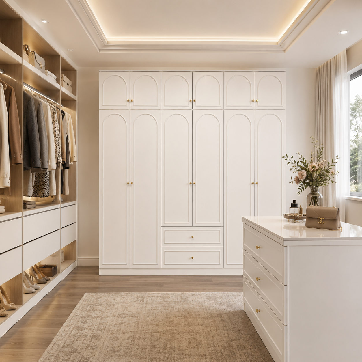 Alto Series - 2200mm Grand Arched Wardrobe - Six-Door Closet with Overhead Storage and Drawers