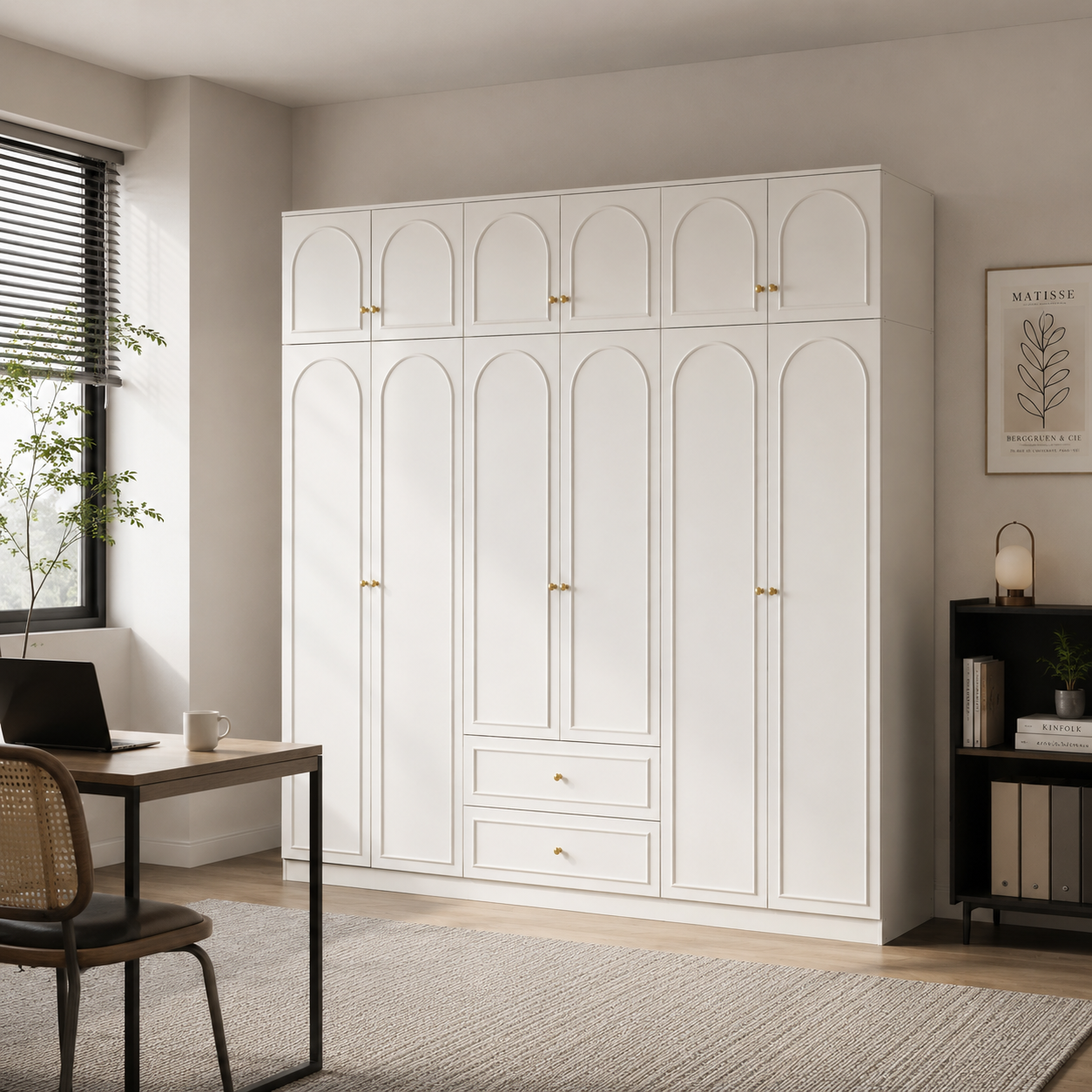 Alto Series - 2200mm Grand Arched Wardrobe - Six-Door Closet with Overhead Storage and Drawers