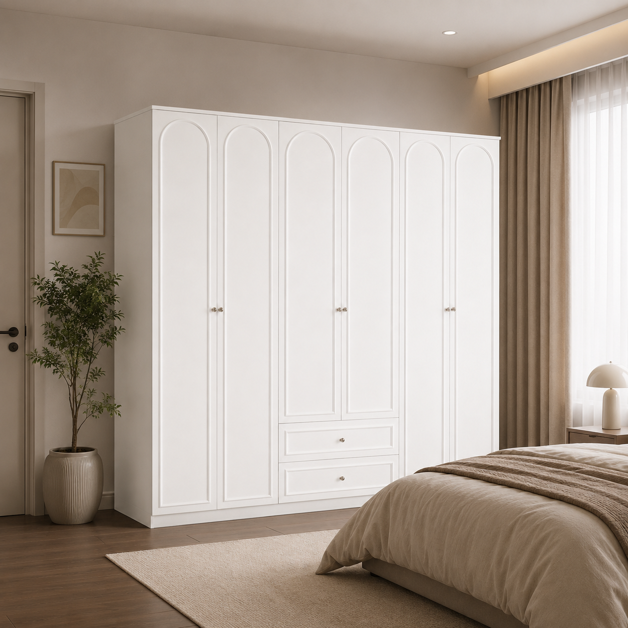 Arcadia Series - 2200mm Grand Arched Wardrobe - Extra-Tall Six-Door Closet with Drawers