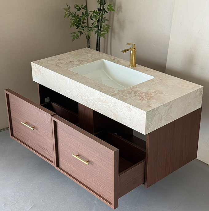Modern Walnut Floating Sink Cabinet with Drawers for Hotel & Home