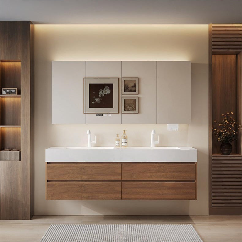 Mid-Century Walnut Vanity with Ceramic Dual Sinks