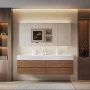 Mid-Century Walnut Vanity with Ceramic Dual Sinks