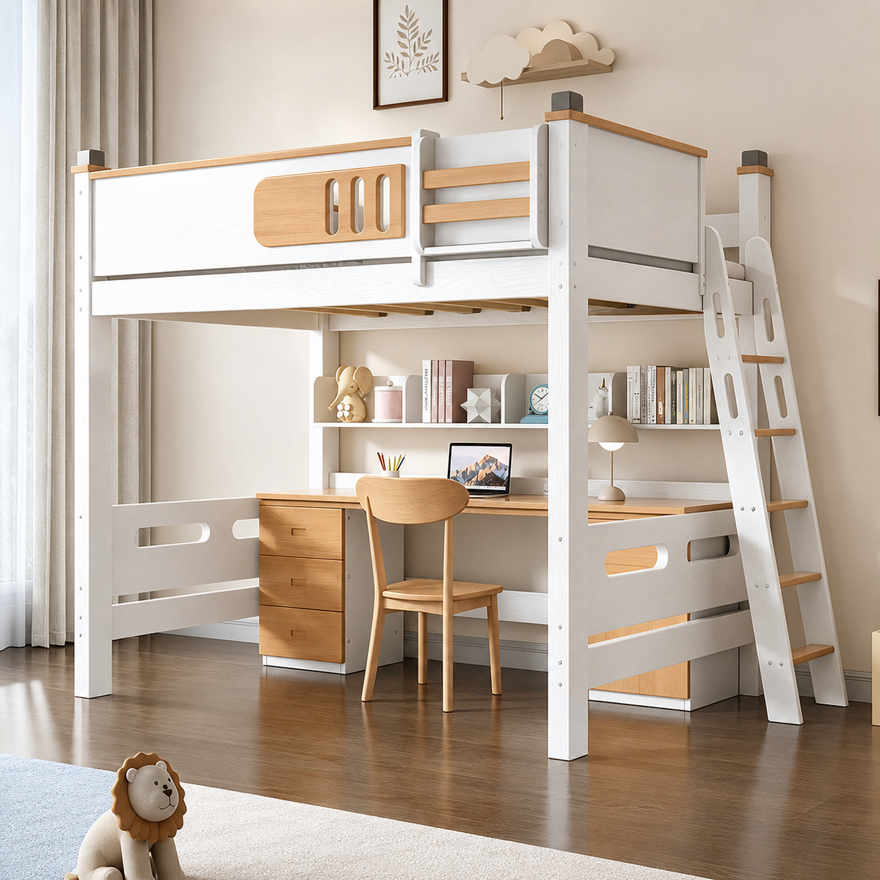 Space-Saving Timber Loft Bed with Integrated Desk & Wardrobe - Premium All-in-One Bedroom Suite