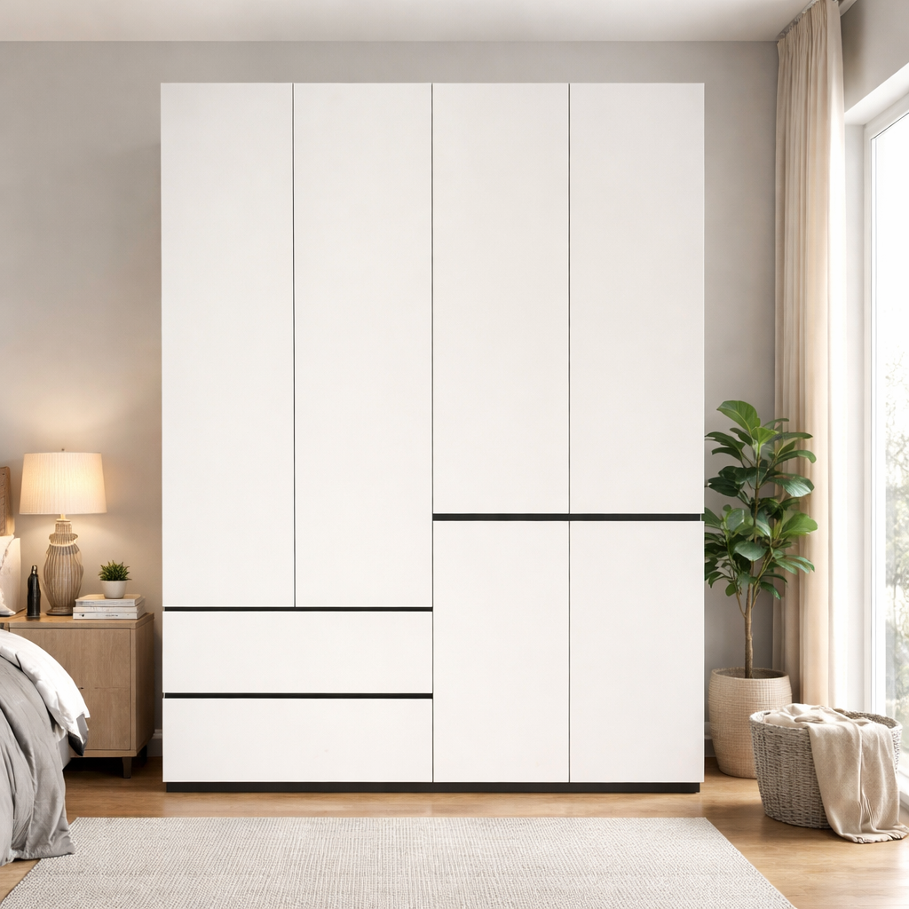 1.6m Master Bedroom Wardrobe - Modern Handleless Geometric White Closet