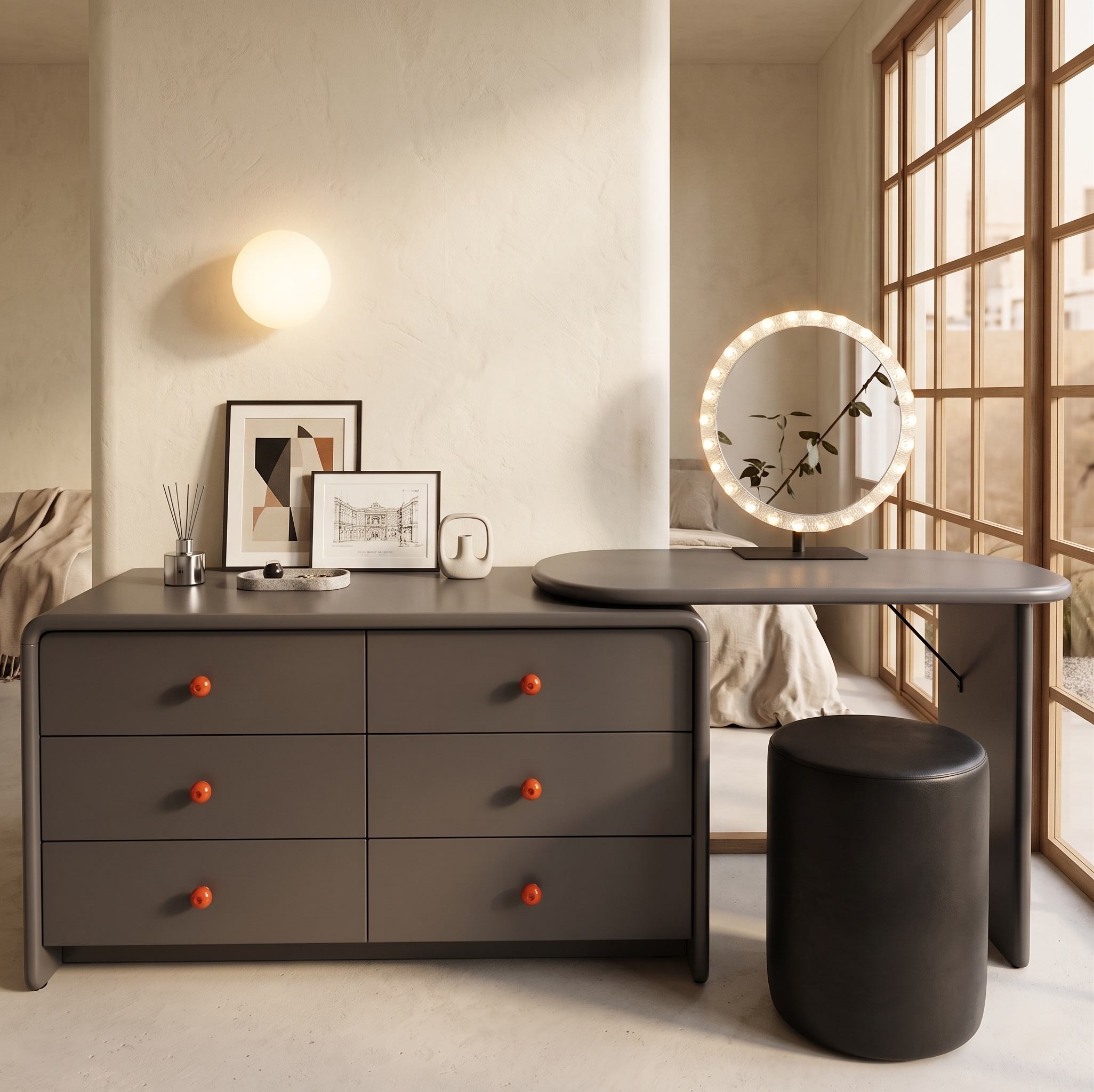 Cloud Series - V1200mm + C1200mm | Curved Soft Minimalist 6-Drawer Dressing Table
