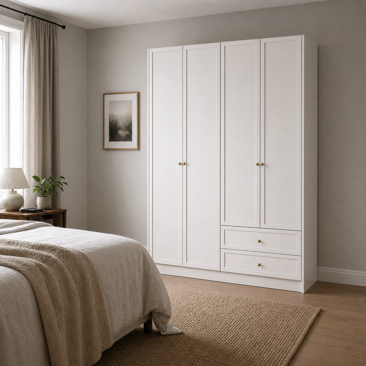 Linea Series - 1600mm Master Bedroom Framed Wardrobe - Extra-Tall Four-Door Closet with Drawers