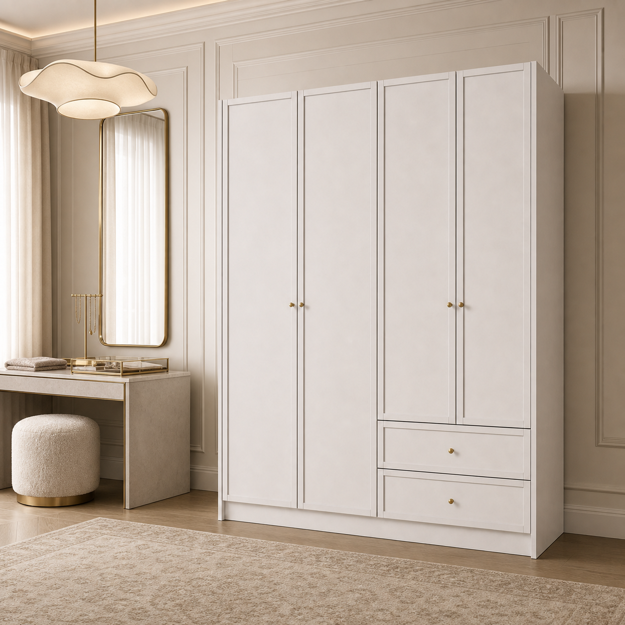 Linea Series - 1600mm Master Bedroom Framed Wardrobe - Extra-Tall Four-Door Closet with Drawers