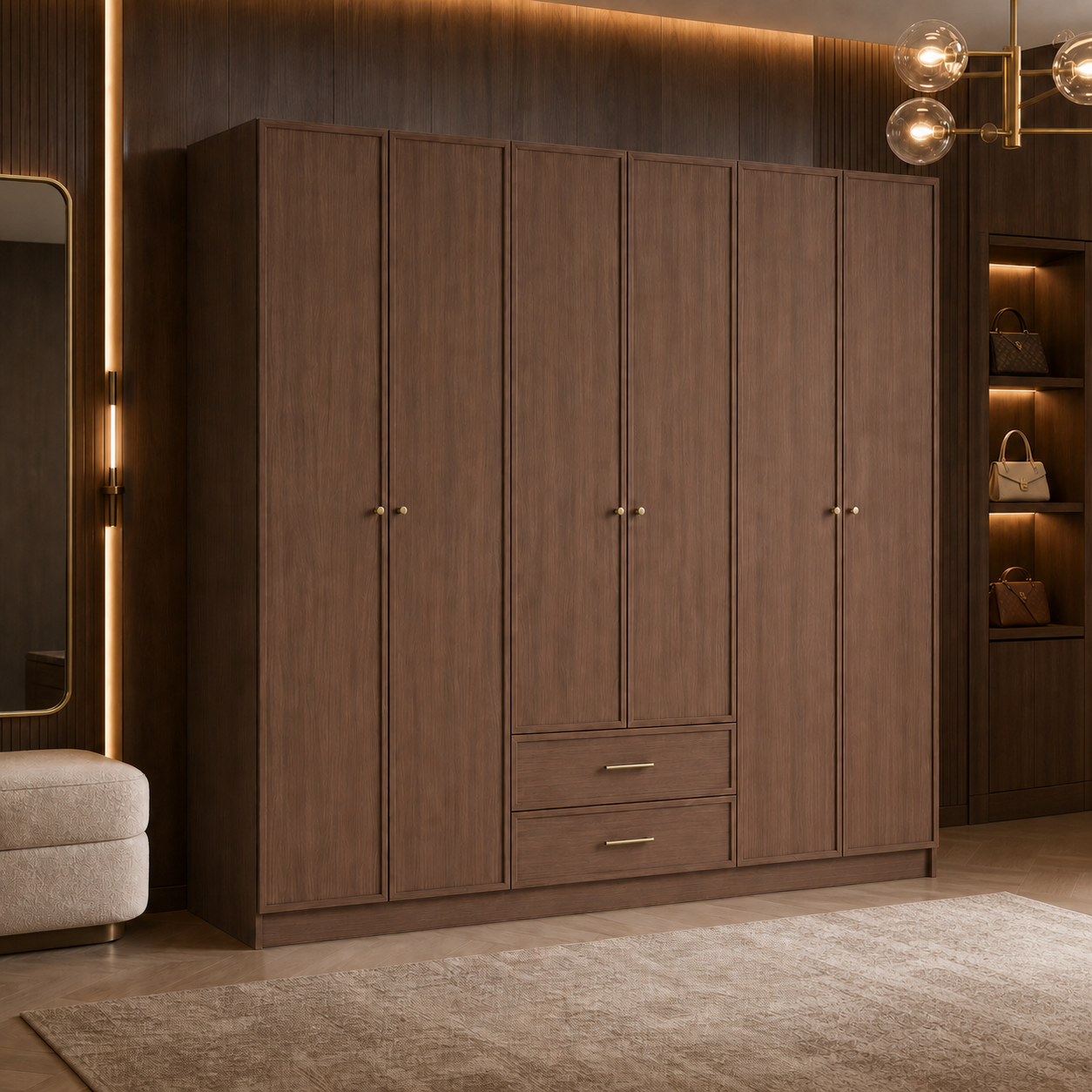 Linea Series - 2200mm Grand Framed Wardrobe - Extra-Tall Six-Door Closet with Drawers