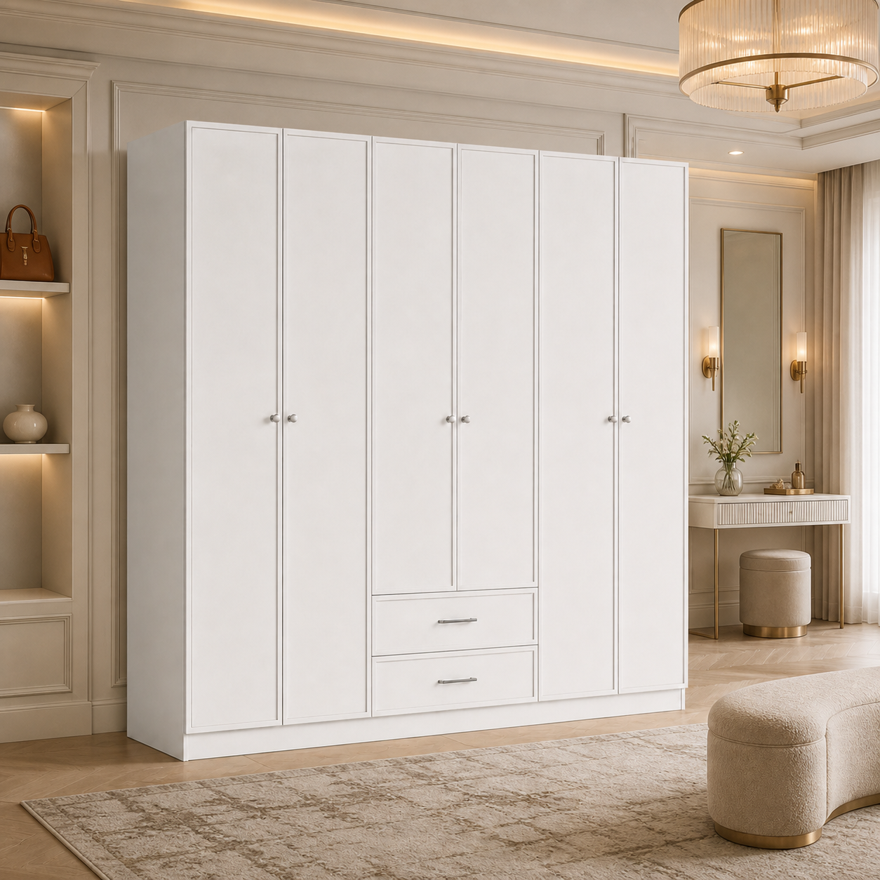 Linea Series - 2200mm Grand Framed Wardrobe - Extra-Tall Six-Door Closet with Drawers