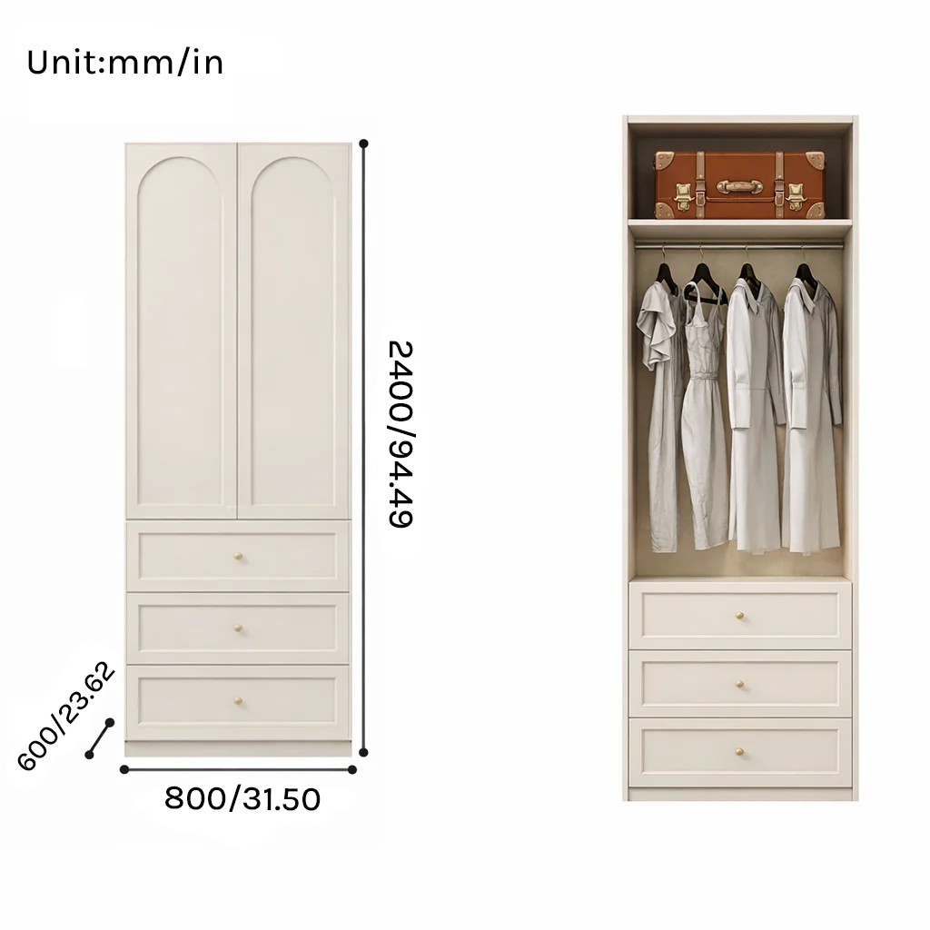 Lune Series - 800mm Compact Bedroom Wardrobe  - Narrow French Cream Style Closet