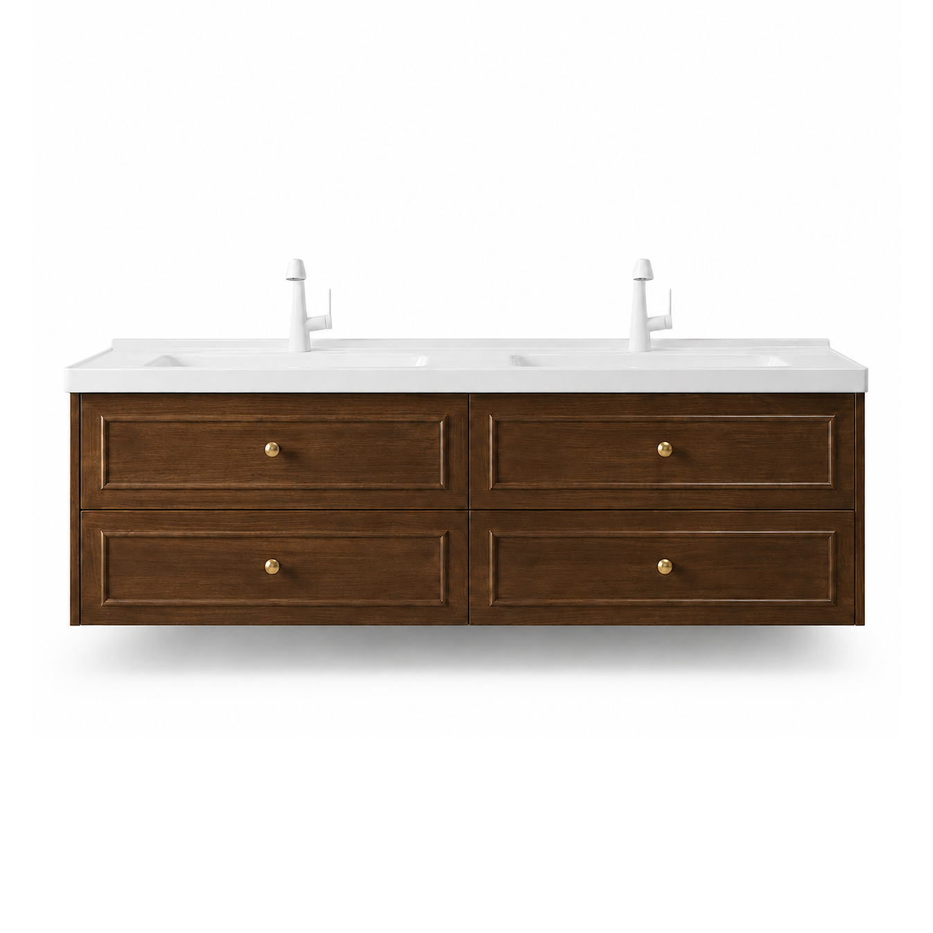 Mid-Century Walnut Vanity with Ceramic Dual Sinks
