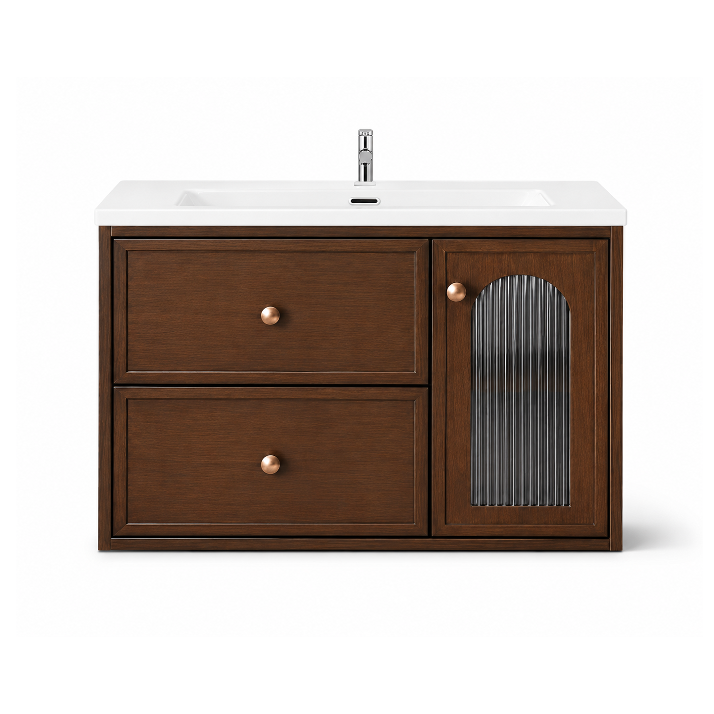 Mid-Century Modern Walnut Finish Floating Bathroom Vanity Cabinet