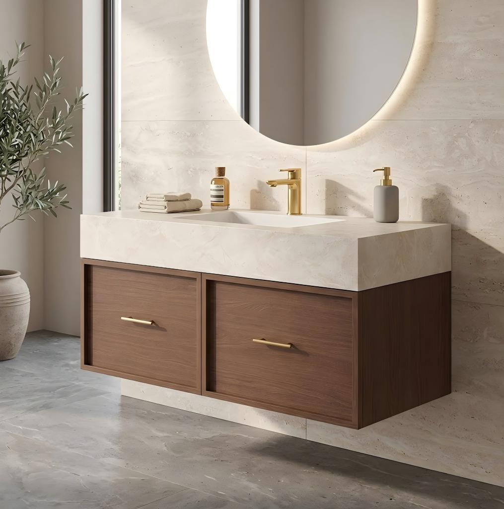 Modern Walnut Floating Sink Cabinet with Drawers for Hotel & Home